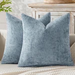 MIULEE Pack of 2 Christmas Couch Throw Pillow Covers 18×18 Inch Neutral Beige Modern Boho Accent Decorative Pillow Covers Soft Chenille Farmhouse Cushion Covers for Home Decor Bed Sofa Living Room(Light Blue)