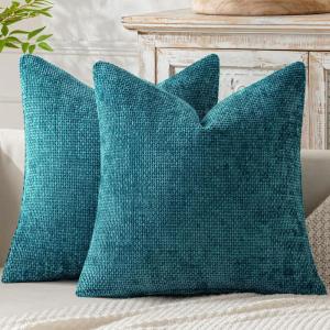 MIULEE Pack of 2 Christmas Couch Throw Pillow Covers 18×18 Inch Neutral Beige Modern Boho Accent Decorative Pillow Covers Soft Chenille Farmhouse Cushion Covers for Home Decor Bed Sofa Living Room(Teal)