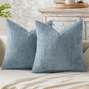 MIULEE Pack of 2 Christmas Couch Throw Pillow Covers 18×18 Inch Neutral Beige Modern Boho Accent Decorative Pillow Covers Soft Chenille Farmhouse Cushion Covers for Home Decor Bed Sofa Living Room(Smoke Blue)