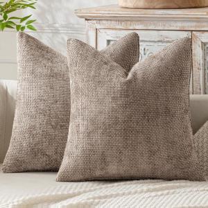 MIULEE Pack of 2 Christmas Couch Throw Pillow Covers 18×18 Inch Neutral Beige Modern Boho Accent Decorative Pillow Covers Soft Chenille Farmhouse Cushion Covers for Home Decor Bed Sofa Living Room(Light Khaki)