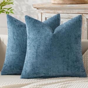 MIULEE Pack of 2 Christmas Couch Throw Pillow Covers 18×18 Inch Neutral Beige Modern Boho Accent Decorative Pillow Covers Soft Chenille Farmhouse Cushion Covers for Home Decor Bed Sofa Living Room(Blue)