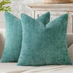 MIULEE Pack of 2 Christmas Couch Throw Pillow Covers 18×18 Inch Neutral Beige Modern Boho Accent Decorative Pillow Covers Soft Chenille Farmhouse Cushion Covers for Home Decor Bed Sofa Living Room(Aqua Green)