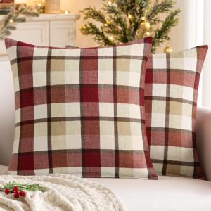 MIULEE Pack of 2 Christmas Decorative Pillow Covers Check Buffalo Plaids Pillowcase Tartan Linen Rustic Farmhouse Square for Bench Sofa Couch Car Bedroom Red and Tan 18×18 inch(Red and Tan)
