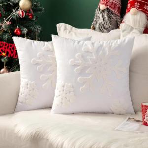 MIULEE Pack of 2 Christmas Decorative Snowflake Throw Pillow Covers Canvas Embroidery Winter Cushion Cases Holiday Decor Soft Pillowcases for Winter Couch Sofa Bedroom Car（Red, 18x18in）(White)