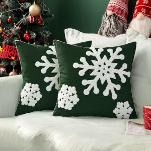 MIULEE Pack of 2 Christmas Decorative Snowflake Throw Pillow Covers Canvas Embroidery Winter Cushion Cases Holiday Decor Soft Pillowcases for Winter Couch Sofa Bedroom Car（Red, 18x18in）(Dark Green)