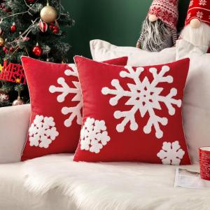 MIULEE Pack of 2 Christmas Decorative Snowflake Throw Pillow Covers Canvas Embroidery Winter Cushion Cases Holiday Decor Soft Pillowcases for Winter Couch Sofa Bedroom Car（Red, 18x18in）(Red)
