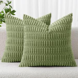 MIULEE Pack of 2 Christmas Red Corduroy Decorative Pillow Covers 18×18 Inch Soft Boho Striped Throw Pillow Covers Modern Farmhouse Home Decor for Sofa Living Room Couch Bed(Sage Green)