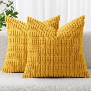 MIULEE Pack of 2 Christmas Red Corduroy Decorative Pillow Covers 18×18 Inch Soft Boho Striped Throw Pillow Covers Modern Farmhouse Home Decor for Sofa Living Room Couch Bed(Mustard Yellow)