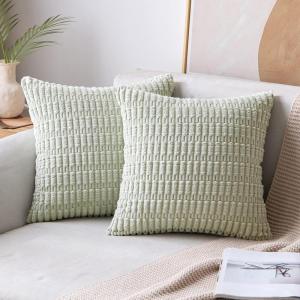 MIULEE Pack of 2 Christmas Red Corduroy Decorative Pillow Covers 18×18 Inch Soft Boho Striped Throw Pillow Covers Modern Farmhouse Home Decor for Sofa Living Room Couch Bed(Light Green)