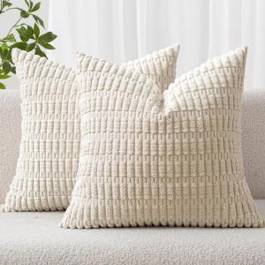 MIULEE Pack of 2 Christmas Red Corduroy Decorative Pillow Covers 18×18 Inch Soft Boho Striped Throw Pillow Covers Modern Farmhouse Home Decor for Sofa Living Room Couch Bed(Cream White)