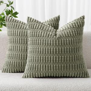 MIULEE Pack of 2 Christmas Red Corduroy Decorative Pillow Covers 18×18 Inch Soft Boho Striped Throw Pillow Covers Modern Farmhouse Home Decor for Sofa Living Room Couch Bed(Light Olive Green)