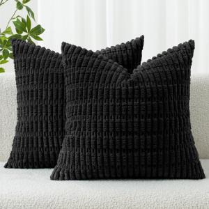MIULEE Pack of 2 Christmas Red Corduroy Decorative Pillow Covers 18×18 Inch Soft Boho Striped Throw Pillow Covers Modern Farmhouse Home Decor for Sofa Living Room Couch Bed(Black)