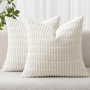 MIULEE Pack of 2 Christmas Red Corduroy Decorative Pillow Covers 18×18 Inch Soft Boho Striped Throw Pillow Covers Modern Farmhouse Home Decor for Sofa Living Room Couch Bed(Pure White)