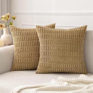 MIULEE Pack of 2 Christmas Red Corduroy Decorative Pillow Covers 18×18 Inch Soft Boho Striped Throw Pillow Covers Modern Farmhouse Home Decor for Sofa Living Room Couch Bed(Khaki)