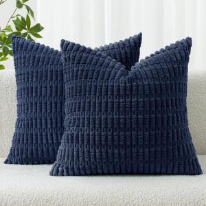 MIULEE Pack of 2 Christmas Red Corduroy Decorative Pillow Covers 18×18 Inch Soft Boho Striped Throw Pillow Covers Modern Farmhouse Home Decor for Sofa Living Room Couch Bed(Dark Blue)