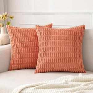 MIULEE Pack of 2 Christmas Red Corduroy Decorative Pillow Covers 18×18 Inch Soft Boho Striped Throw Pillow Covers Modern Farmhouse Home Decor for Sofa Living Room Couch Bed(Coral)