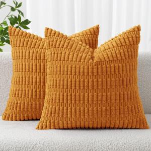 MIULEE Pack of 2 Christmas Red Corduroy Decorative Pillow Covers 18×18 Inch Soft Boho Striped Throw Pillow Covers Modern Farmhouse Home Decor for Sofa Living Room Couch Bed(Burnt Orange)