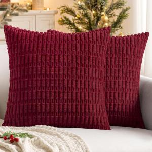 MIULEE Pack of 2 Christmas Red Corduroy Decorative Pillow Covers 18×18 Inch Soft Boho Striped Throw Pillow Covers Modern Farmhouse Home Decor for Sofa Living Room Couch Bed(Burgundy)