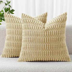 MIULEE Pack of 2 Christmas Red Corduroy Decorative Pillow Covers 18×18 Inch Soft Boho Striped Throw Pillow Covers Modern Farmhouse Home Decor for Sofa Living Room Couch Bed(Beige)