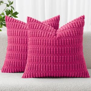 MIULEE Pack of 2 Christmas Red Corduroy Decorative Pillow Covers 18×18 Inch Soft Boho Striped Throw Pillow Covers Modern Farmhouse Home Decor for Sofa Living Room Couch Bed(Hot Pink)