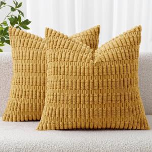 MIULEE Pack of 2 Christmas Red Corduroy Decorative Pillow Covers 18×18 Inch Soft Boho Striped Throw Pillow Covers Modern Farmhouse Home Decor for Sofa Living Room Couch Bed(Yellow)
