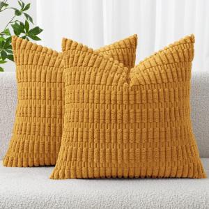 MIULEE Pack of 2 Christmas Red Corduroy Decorative Pillow Covers 18×18 Inch Soft Boho Striped Throw Pillow Covers Modern Farmhouse Home Decor for Sofa Living Room Couch Bed(Gold Yellow)