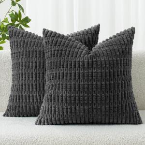 MIULEE Pack of 2 Christmas Red Corduroy Decorative Pillow Covers 18×18 Inch Soft Boho Striped Throw Pillow Covers Modern Farmhouse Home Decor for Sofa Living Room Couch Bed(Dark Grey)