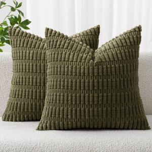 MIULEE Pack of 2 Christmas Red Corduroy Decorative Pillow Covers 18×18 Inch Soft Boho Striped Throw Pillow Covers Modern Farmhouse Home Decor for Sofa Living Room Couch Bed(Olive Green)