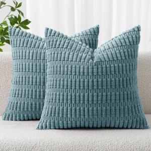 MIULEE Pack of 2 Christmas Red Corduroy Decorative Pillow Covers 18×18 Inch Soft Boho Striped Throw Pillow Covers Modern Farmhouse Home Decor for Sofa Living Room Couch Bed(Coastal Blue)