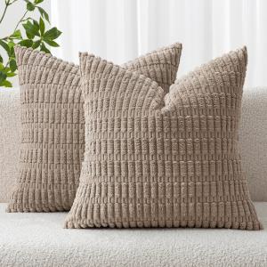 MIULEE Pack of 2 Christmas Red Corduroy Decorative Pillow Covers 18×18 Inch Soft Boho Striped Throw Pillow Covers Modern Farmhouse Home Decor for Sofa Living Room Couch Bed(Light Brown)