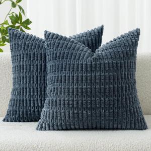 MIULEE Pack of 2 Christmas Red Corduroy Decorative Pillow Covers 18×18 Inch Soft Boho Striped Throw Pillow Covers Modern Farmhouse Home Decor for Sofa Living Room Couch Bed(Blue)
