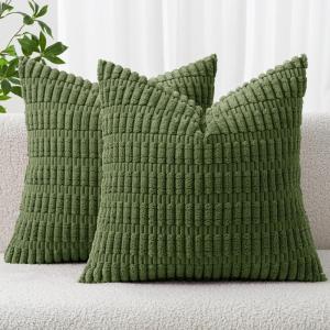 MIULEE Pack of 2 Christmas Red Corduroy Decorative Pillow Covers 18×18 Inch Soft Boho Striped Throw Pillow Covers Modern Farmhouse Home Decor for Sofa Living Room Couch Bed(Moss Green)