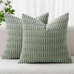 MIULEE Pack of 2 Christmas Red Corduroy Decorative Pillow Covers 18×18 Inch Soft Boho Striped Throw Pillow Covers Modern Farmhouse Home Decor for Sofa Living Room Couch Bed(Greyish Green)
