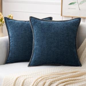 MIULEE Pack of 2 Couch Throw Pillow Covers 18×18 Inch Coastal Aqua Blue Farmhouse Decorative Pillow Covers with Stitched Edge Soft Chenille Solid Dyed Spring Pillow Covers for Sofa Bed Living Room(Dark Blue)