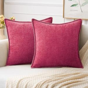 MIULEE Pack of 2 Couch Throw Pillow Covers 18×18 Inch Coastal Aqua Blue Farmhouse Decorative Pillow Covers with Stitched Edge Soft Chenille Solid Dyed Spring Pillow Covers for Sofa Bed Living Room(Hot Pink)