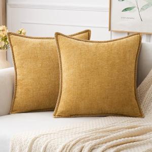 MIULEE Pack of 2 Couch Throw Pillow Covers 18×18 Inch Coastal Aqua Blue Farmhouse Decorative Pillow Covers with Stitched Edge Soft Chenille Solid Dyed Spring Pillow Covers for Sofa Bed Living Room(Gold)