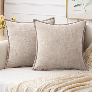 MIULEE Pack of 2 Couch Throw Pillow Covers 18×18 Inch Coastal Aqua Blue Farmhouse Decorative Pillow Covers with Stitched Edge Soft Chenille Solid Dyed Spring Pillow Covers for Sofa Bed Living Room(Natural Beige)