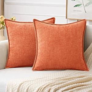 MIULEE Pack of 2 Couch Throw Pillow Covers 18×18 Inch Coastal Aqua Blue Farmhouse Decorative Pillow Covers with Stitched Edge Soft Chenille Solid Dyed Spring Pillow Covers for Sofa Bed Living Room(Coral Red)