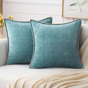 MIULEE Pack of 2 Couch Throw Pillow Covers 18×18 Inch Coastal Aqua Blue Farmhouse Decorative Pillow Covers with Stitched Edge Soft Chenille Solid Dyed Spring Pillow Covers for Sofa Bed Living Room(Smoke Blue)
