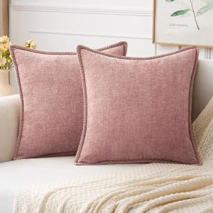MIULEE Pack of 2 Couch Throw Pillow Covers 18×18 Inch Dark Teal Farmhouse Decorative Pillow Covers with Stitched Edge Soft Chenille Solid Dyed Spring Pillow Covers for Sofa Bed Living Room(Blush Pink)
