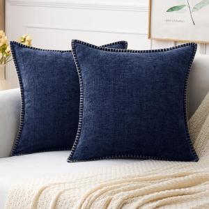 MIULEE Pack of 2 Couch Throw Pillow Covers 18×18 Inch Dark Teal Farmhouse Decorative Pillow Covers with Stitched Edge Soft Chenille Solid Dyed Spring Pillow Covers for Sofa Bed Living Room(Navy Blue)