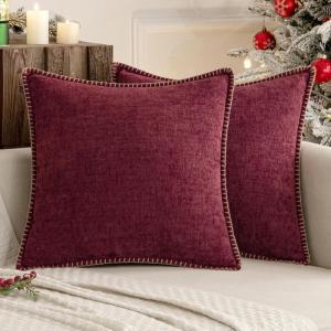 MIULEE Pack of 2 Couch Throw Pillow Covers 18×18 Inch Dark Teal Farmhouse Decorative Pillow Covers with Stitched Edge Soft Chenille Solid Dyed Spring Pillow Covers for Sofa Bed Living Room(Burgundy Red)