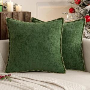 MIULEE Pack of 2 Couch Throw Pillow Covers 18×18 Inch Dark Teal Farmhouse Decorative Pillow Covers with Stitched Edge Soft Chenille Solid Dyed Spring Pillow Covers for Sofa Bed Living Room(Moss Green)