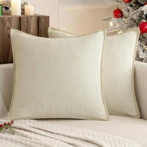 MIULEE Pack of 2 Couch Throw Pillow Covers 18×18 Inch Dark Teal Farmhouse Decorative Pillow Covers with Stitched Edge Soft Chenille Solid Dyed Spring Pillow Covers for Sofa Bed Living Room(Cream White)