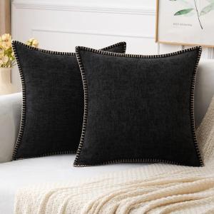 MIULEE Pack of 2 Couch Throw Pillow Covers 18×18 Inch Dark Teal Farmhouse Decorative Pillow Covers with Stitched Edge Soft Chenille Solid Dyed Spring Pillow Covers for Sofa Bed Living Room(Black)