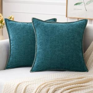 MIULEE Pack of 2 Couch Throw Pillow Covers 18×18 Inch Dark Teal Farmhouse Decorative Pillow Covers with Stitched Edge Soft Chenille Solid Dyed Spring Pillow Covers for Sofa Bed Living Room(Dark Teal)