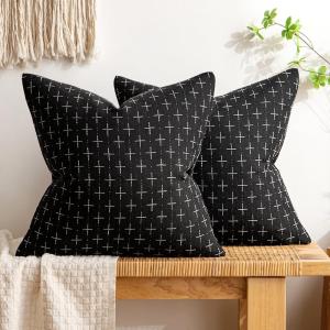 MIULEE Pack of 2 Decorative Burlap Linen Euro Sham Throw Pillow Covers for Sofa Couch Bed 24×24 Inch Modern Farmhouse Vintage Pillowcases Rustic Woven Textured Cushion Cover Blue(Black)