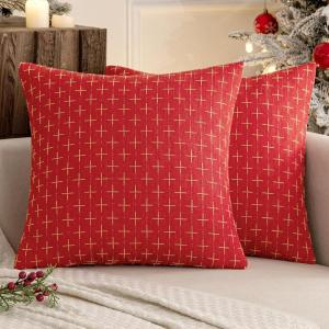 MIULEE Pack of 2 Decorative Burlap Linen Euro Sham Throw Pillow Covers for Sofa Couch Bed 24×24 Inch Modern Farmhouse Vintage Pillowcases Rustic Woven Textured Cushion Cover Blue(Christmas Red)