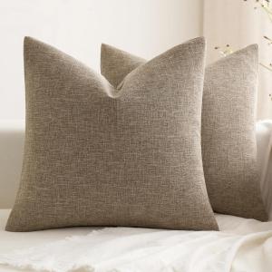 MIULEE Pack of 2 Decorative Farmhouse Linen Pillow Covers Rustic Boho Accent Outdoor Couch Throw Pillow Covers for Cushion Bed Sofa Living Room Home Decor 18×18 Inch Ivory(Brown)