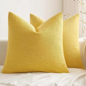 MIULEE Pack of 2 Decorative Farmhouse Linen Pillow Covers Rustic Boho Accent Outdoor Couch Throw Pillow Covers for Cushion Bed Sofa Living Room Home Decor 18×18 Inch Ivory(Yellow)